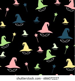 Wizard doodle seamless pattern background. Colorful vector seamless pattern with witch hats. magic seamless pattern