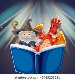 A wizard and dragon reading a magical book