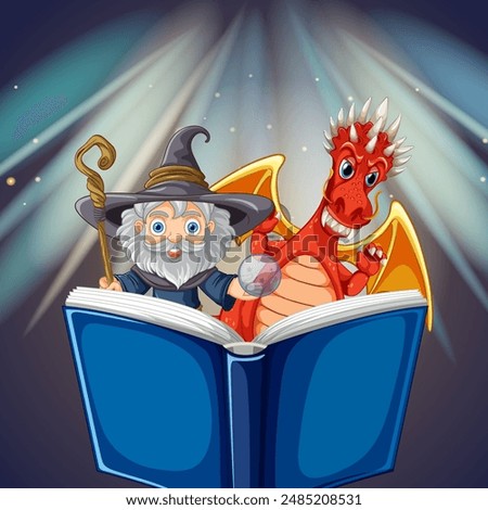 A wizard and dragon reading a magical book