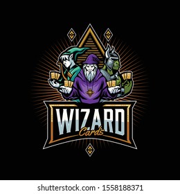 Wizard, elves and orc with cards illustration logo template