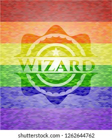 Wizard emblem on mosaic background with the colors of the LGBT flag