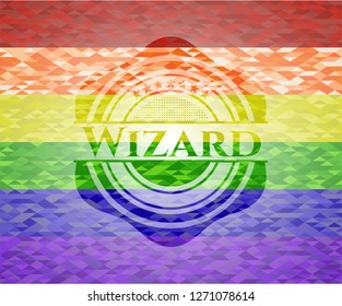 Wizard emblem on mosaic background with the colors of the LGBT flag