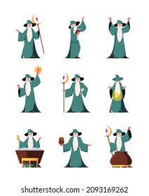 Wizard. Fairytale old magician making fantasy spells fabulous merlin garish vector colored flat person in action poses