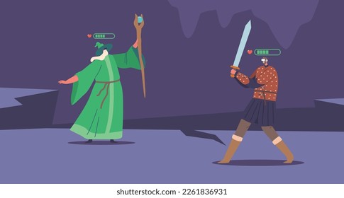 Wizard and Fantasy Warrior Wearing Virtual Reality Headset Fighting while Playing Mmorpg Video Game. Immersive 3d Digital World, Multiplayer, Immersive Fantasy Experience. Cartoon Vector Illustration