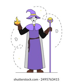 Wizard with fire. Man in purple robe and with staff in his hand preparing fireball. Magician speaks spell. Imagination and fantasy. Magic and sorcery. Linear vector illustration