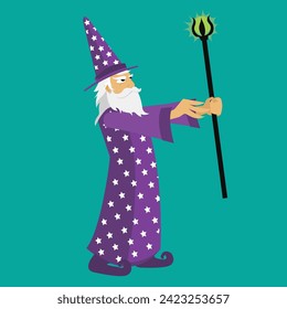 Wizard with fireball and magic staff. Magician doing a magic spell