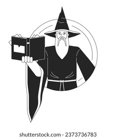 Wizard flat line black white vector character. Magician performing magic by spell book. Editable outline half body person. Simple cartoon isolated spot illustration for web graphic design