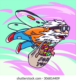 A wizard with a full bag of gifts, flying through the sky to its customers