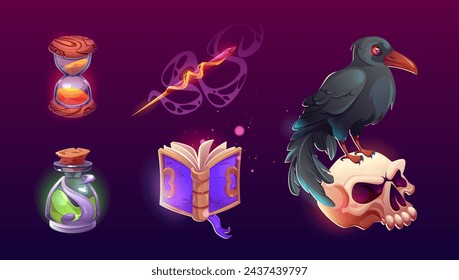 Wizard game icon with magic book ui set. Fantasy medieval halloween object with element for witchcraft. Alchemy potion bottle, skull, hourglass, raven and wand mystery asset design for hallowen app