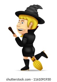Wizard girl 3D cartoon . Halloween festival person isolated concept.