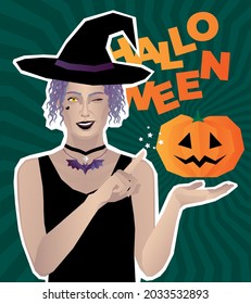 Wizard girl in black dress and magic hat with pumpkin on green background with the inscription. A comic book style witch conjures Jack-o-lantern. Halloween vector design for banner, poster, card