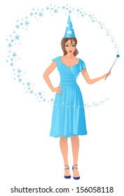 wizard girl holding a magic wand in her hand. Vector illustration.