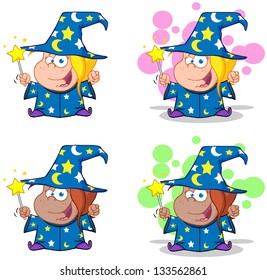 Wizard Girl Waving With Magic Wand.Vector Collection