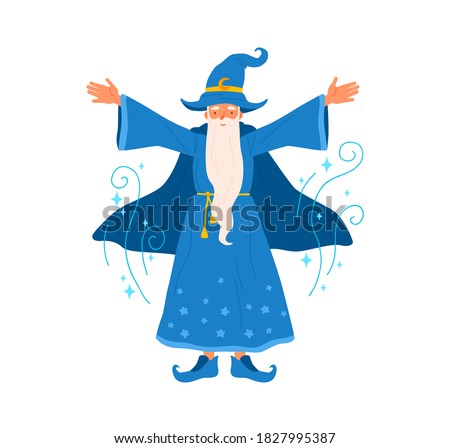 Wizard with gray haired beard raising hands pronounce magic spell vector flat illustration. Old sorcerer making enchantment practicing magic isolated. Male mystical character in fairy tale costume