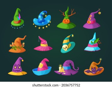 Wizard Halloween magic hat, old hat witch. Magic accessories for witches and witchcraft, for the mystical rituals of the sorceress. Halloween costume element cartoon vector illustration.