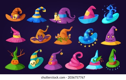 Wizard Halloween magic hat, old hat witch. Magic accessories for witches and witchcraft, for the mystical rituals of the sorceress. Halloween costume element cartoon vector illustration.