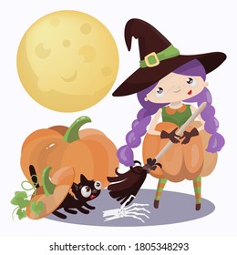 WIZARD HALLOWEEN Mystic Holiday Cartoon Hand Drawn Flat Design Witch Girl Vector Illustration Set For Print