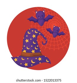 wizard hat with bat halloween design, vector illustration