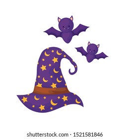 wizard hat with bats flying isolated icon vector illustration design
