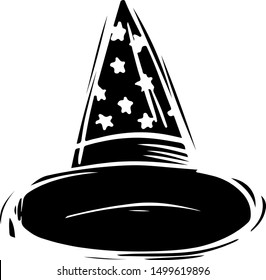 Wizard hat black and white hand drawn illustration. Sorceress pointy cap with stars silhouette. Witch headwear sticker.  