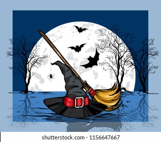 Wizard hat and broom againts big moon and bat. Halloween concept