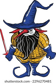 Wizard in a hat with a broomstick. Vector illustration.