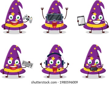 Wizard hat cartoon character are playing games with various cute emoticons