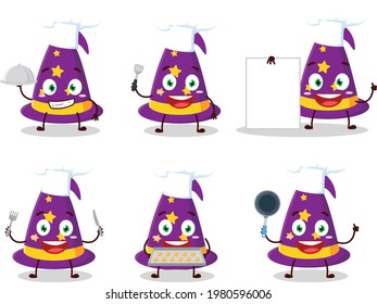 Wizard hat cartoon character with various types of business emoticons