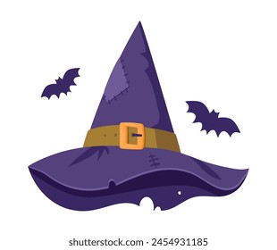 Wizard hat. Cartoon witchcraft hat, Halloween spooky witch hat, Halloween party costume element flat vector illustration. Witch hat on white