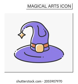  Wizard hat color icon. Traditional cone hat for good witchcraft. Magical arts concept. Isolated vector illustration