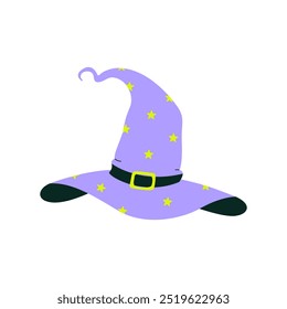 Wizard hat decorated with stars and a buckle, representing magic, witchcraft, and fantasy elements. Flat vector illustration for Halloween, cosplay, and mystical themes, isolated on white