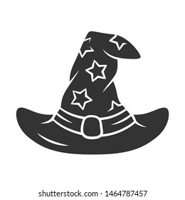 Wizard hat glyph icon. Silhouette symbol. Witch magic cap. Magician, sorceress cap. Halloween costume accessory. Witchcraft, sorcery fantasy item. Negative space. Vector isolated illustration