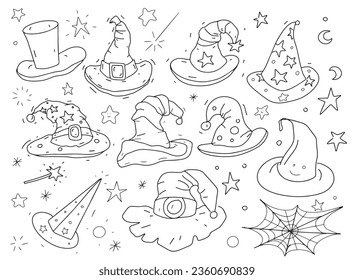 Wizard hat Halloween set colored different hats stars magic magic wand  coloring doodle sketch hand drawn