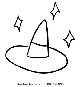 Wizard Hat in Hand Drawing Doodle Style. Old witch hat black and white hand drawn illustration. Sorceress cone-shaped pointy cap silhouette. Wizards headwear with holes. Witchcraft symbol. Halloween