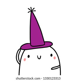 Wizard hat hand drawn illustration with cute marshmallow cartoon minimalism