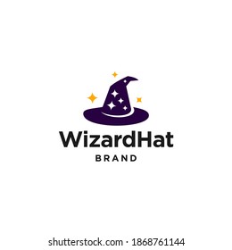 wizard hat icon logo vector design illustration with stars and blink, witch classic Halloween hat 