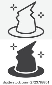 Wizard hat icon set in line and solid style. Outline and filled vector sign with editable stroke, sorcerer symbol icon for magic, spells and fantasy illustrations.