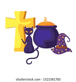 wizard hat with icons halloween vector illustration design
