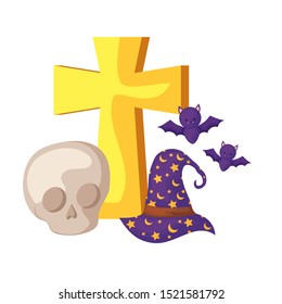 wizard hat with icons halloween vector illustration design