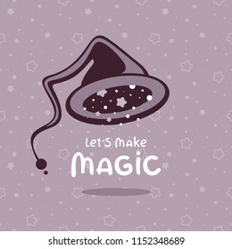 Wizard hat with "Let's make magic" lettering vector illustration. Template for invitation and postcard. Magic cap on lilac stars background. Image for halloween and holiday costume party.