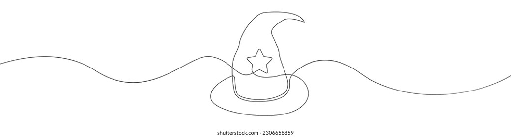 Wizard hat linear drawn continuous icon. Wizard hat black one line vector icon. Line design of wizard hat with star.