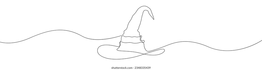 Wizard hat linear drawn continuous icon. Magic hat black one line vector icon. Line design of wizards hat on halloween. 