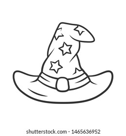 Wizard hat linear icon. Thin line illustration. Witch magic cap. Magician, sorceress cap. Halloween costume. Witchcraft, sorcery item. Contour symbol. Vector isolated outline drawing. Editable stroke