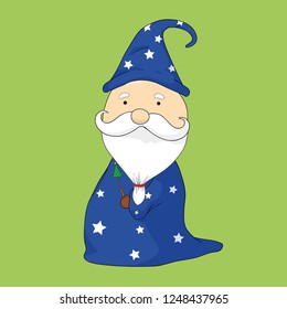 Wizard with hat and long white beard carry magic Christmas tree stick adorable vector design. editable