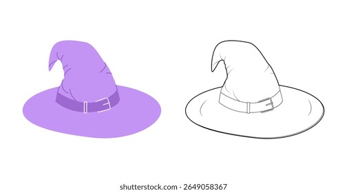 Wizard Hat Magic Head Fashion accessory cap with wide brim clothing technical illustration. Vector headgear for Men, women, unisex style, flat template CAD mockup sketch outline isolated