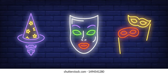 Wizard hat, moustache and masks neon signs set. Carnival, fun, party, masquerade design. Night bright neon sign, colorful billboard, light banner. Vector illustration in neon style.