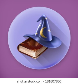 Wizard hat and old book, long shadow vector icon