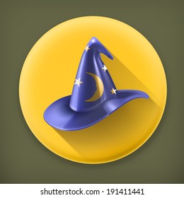 Wizard hat and old book, long shadow vector icon