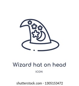wizard hat on head icon from party outline collection. Thin line wizard hat on head icon isolated on white background.