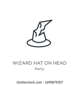 Wizard hat on head icon. Thin linear wizard hat on head outline icon isolated on white background from party collection. Line vector sign, symbol for web and mobile